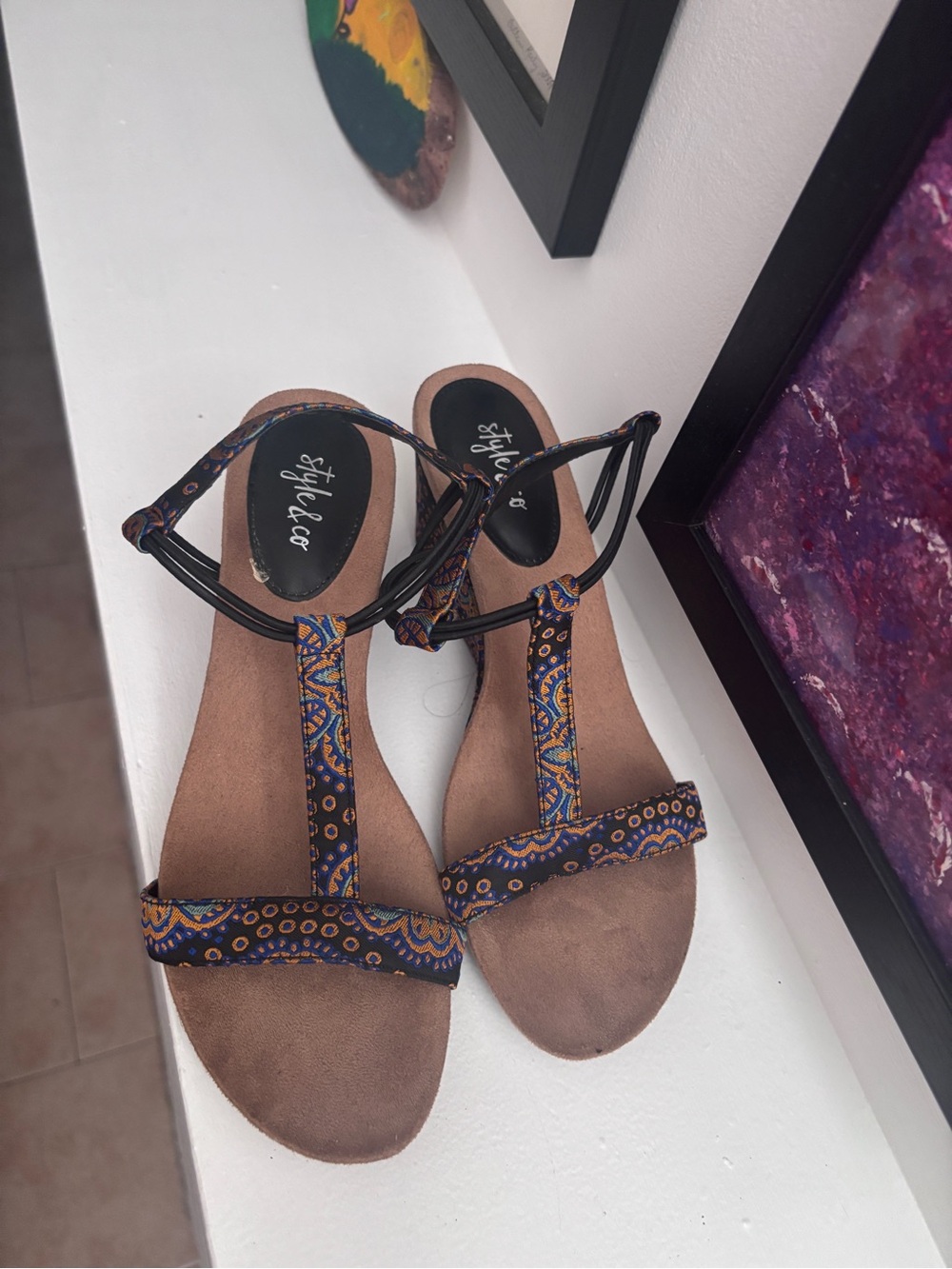 Style & Co. Brown Sandals with Blue and Orange Patterned Straps